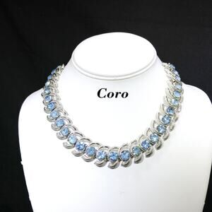 Vintage Coro Blue Rhinestone Rhodium Silver Tone Choker Necklace